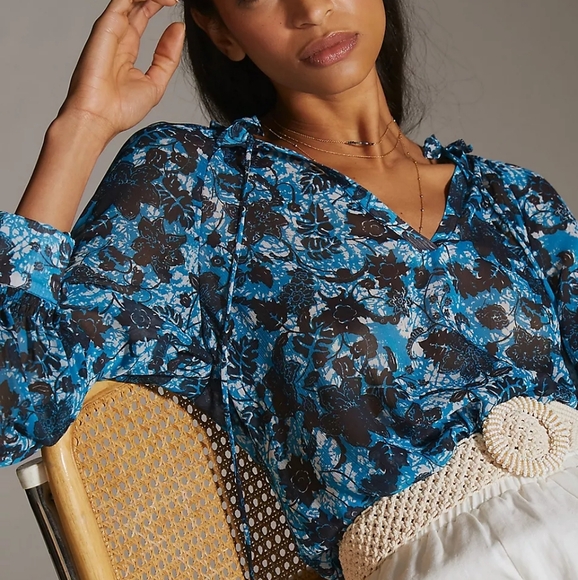 Anthropologie Sheer Printed Peasant Floral Long Sleeve Boho Blouse Size XS - Picture 1 of 15